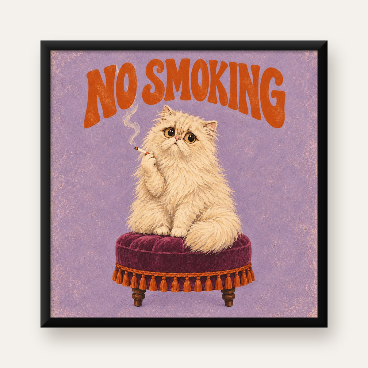 Kedili Mizahi No Smoking Poster – Mor Fonlu Nostaljik Duvar Dekoru — Kare baskı, düz siyah çerçeveli duvar posteri