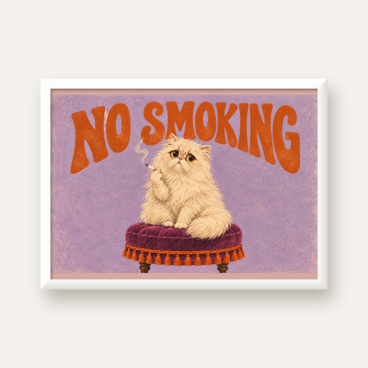 Kedili Mizahi No Smoking Poster – Mor Fonlu Nostaljik Duvar Dekoru — beyaz çerçeveli yatay poster