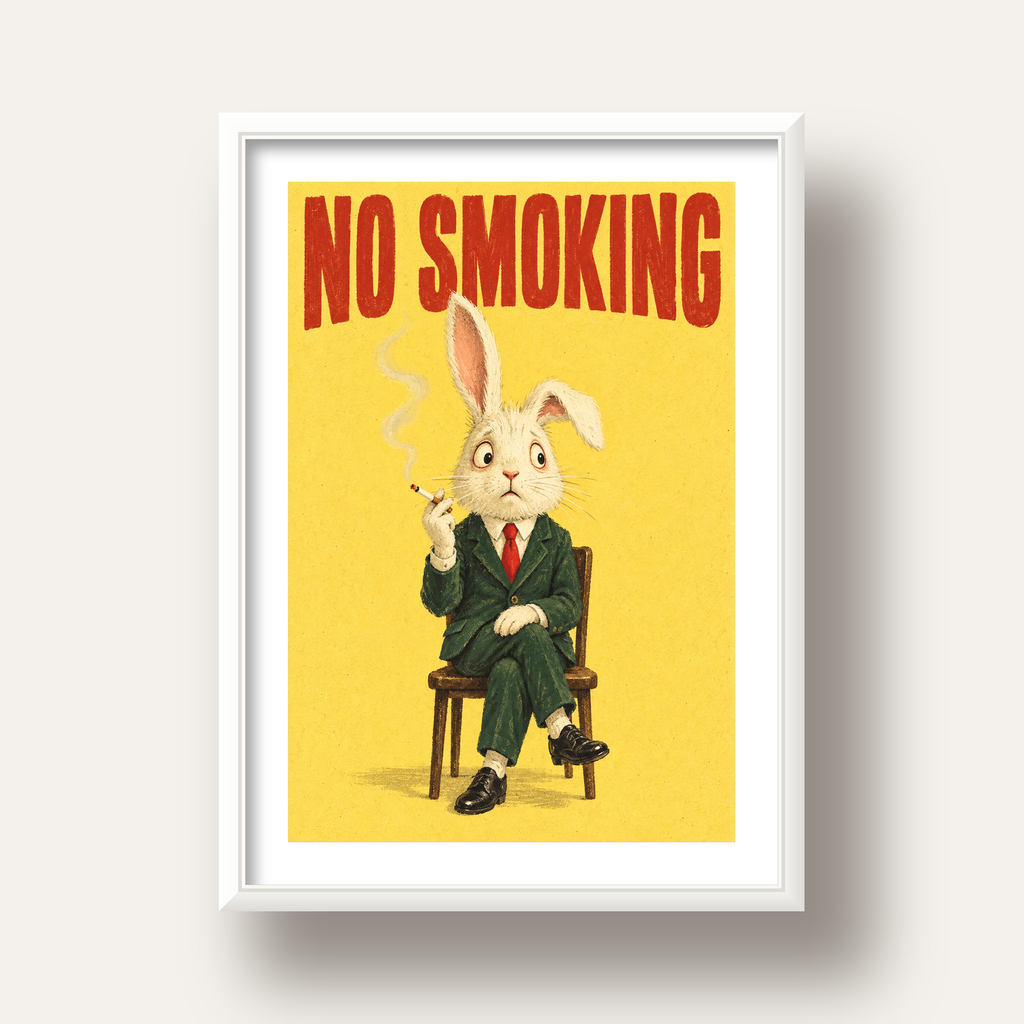 No Smoking: Mizahi Sigara İçen Tavşan Poster — beyaz derin çerçeveli paspartulu