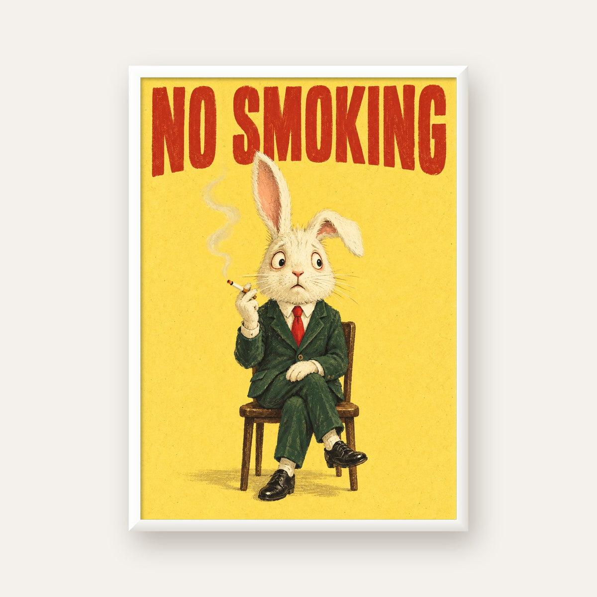 No Smoking: Mizahi Sigara İçen Tavşan Poster — beyaz çerçeveli dikey poster