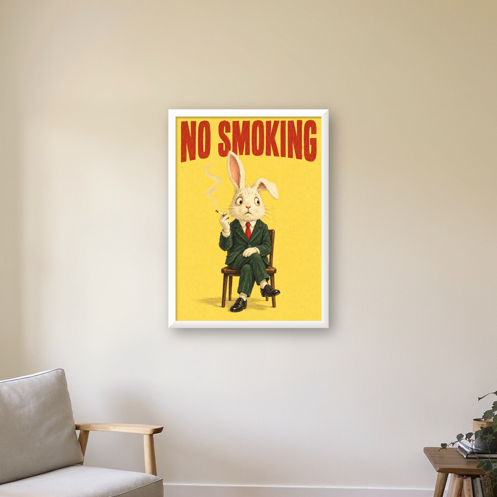 No Smoking: Mizahi Sigara İçen Tavşan Poster — beyaz çerçeveli dikey poster