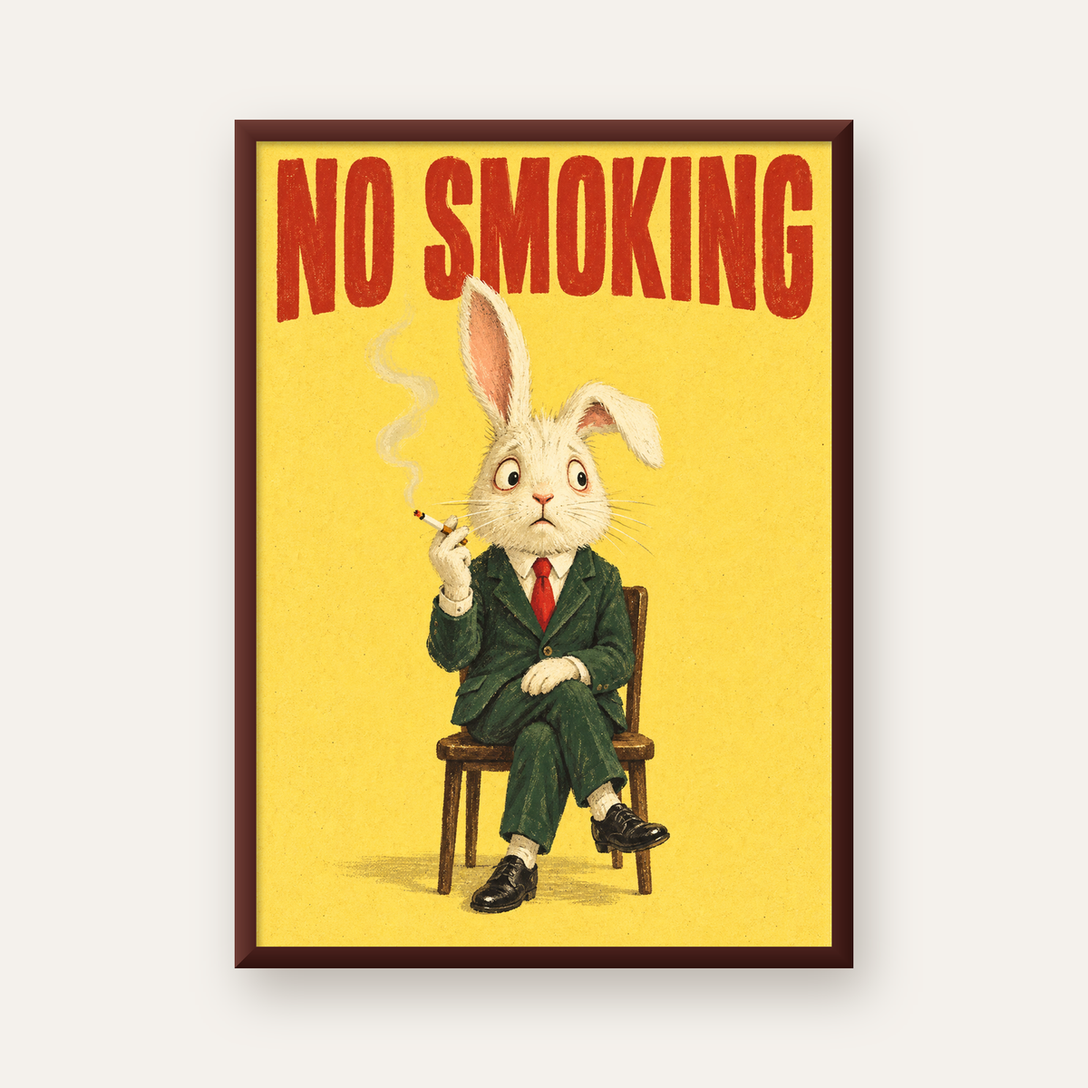 No Smoking: Mizahi Sigara İçen Tavşan Poster — ceviz çerçeveli