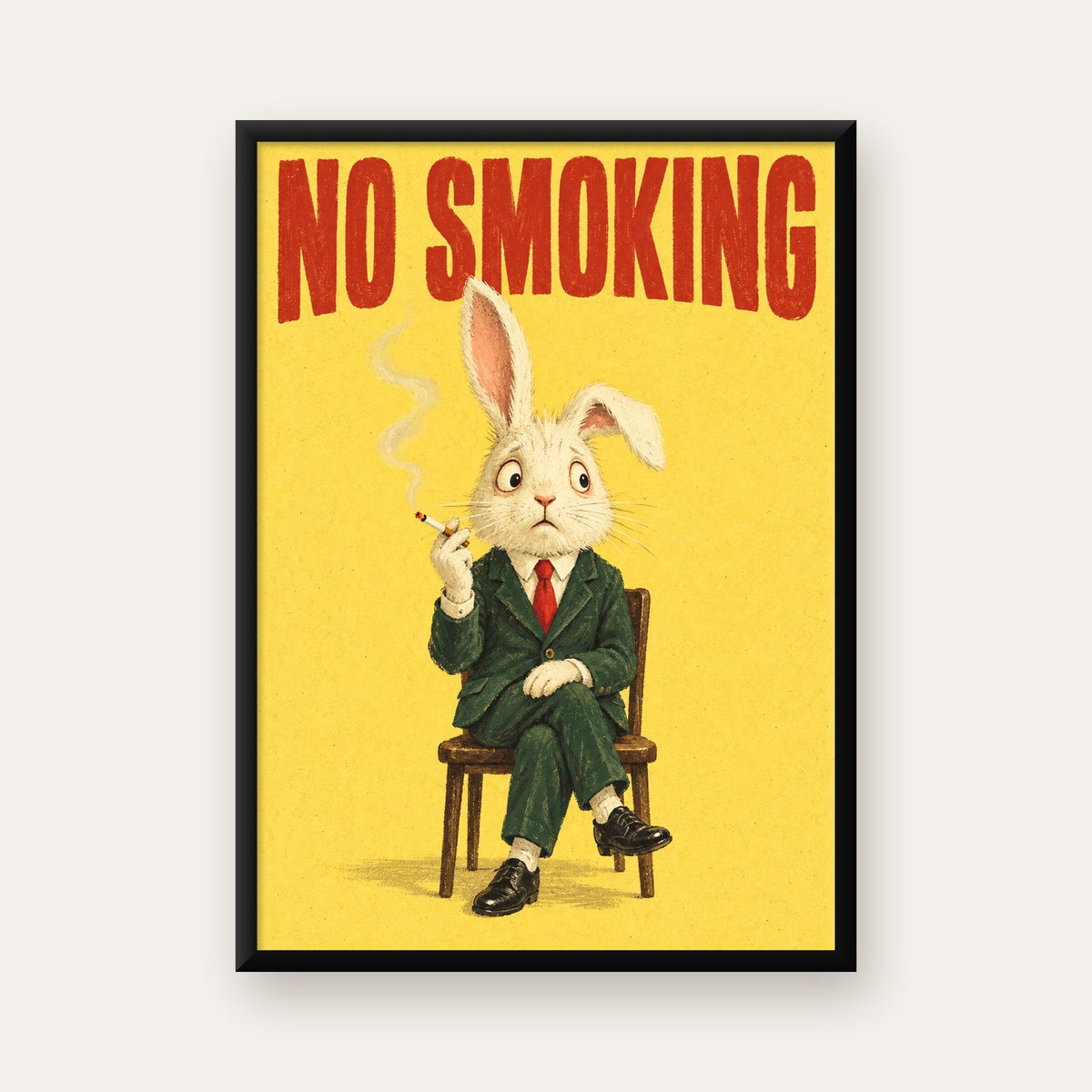 No Smoking: Mizahi Sigara İçen Tavşan Poster — Dikey baskı, düz siyah çerçeveli duvar posteri