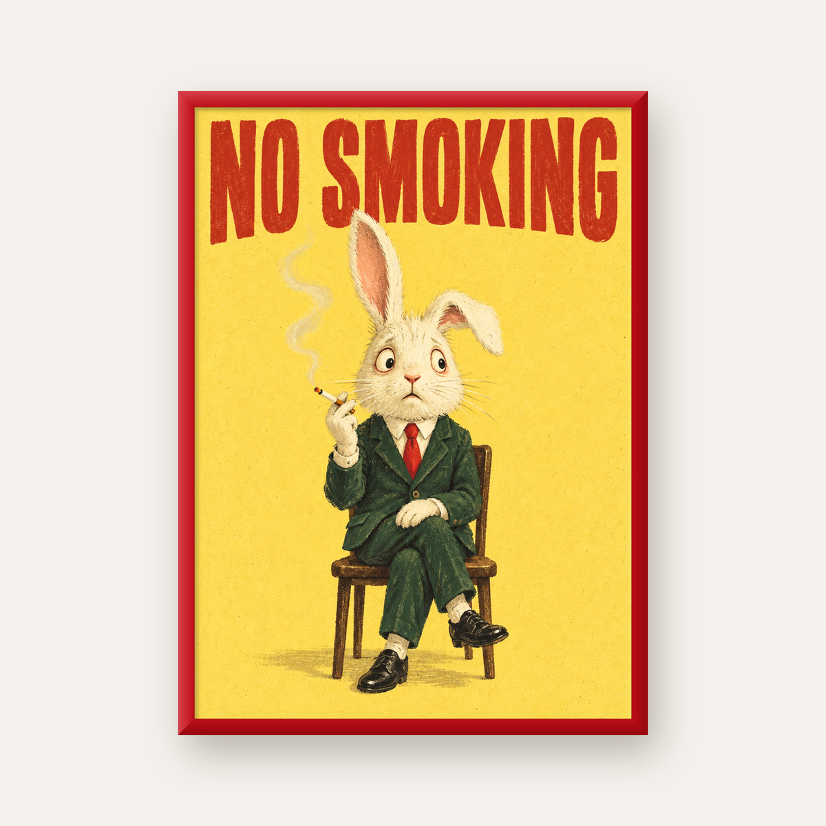 No Smoking: Mizahi Sigara İçen Tavşan Poster — kırmızı çerçeveli