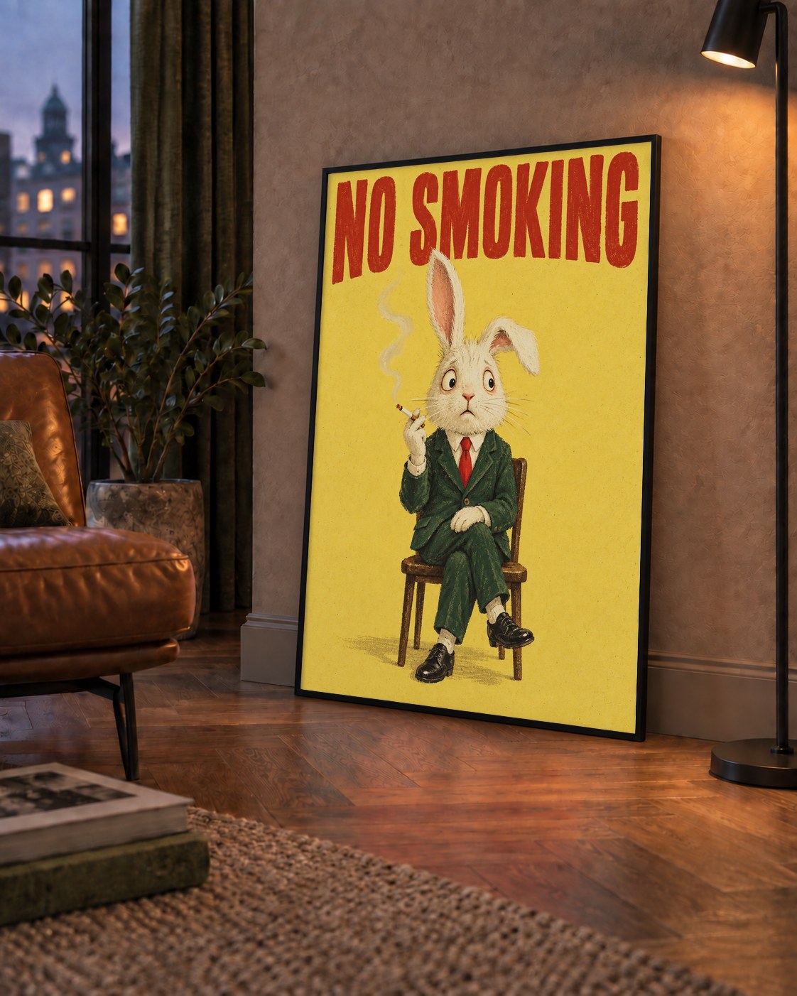 No Smoking: Mizahi Sigara İçen Tavşan Poster — çerçeveli hâliyle bir ev duvarında