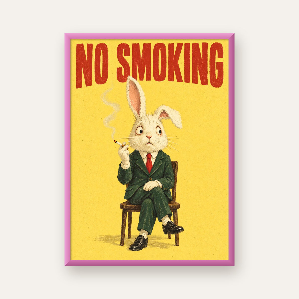 No Smoking: Mizahi Sigara İçen Tavşan Poster — pembe çerçeveli