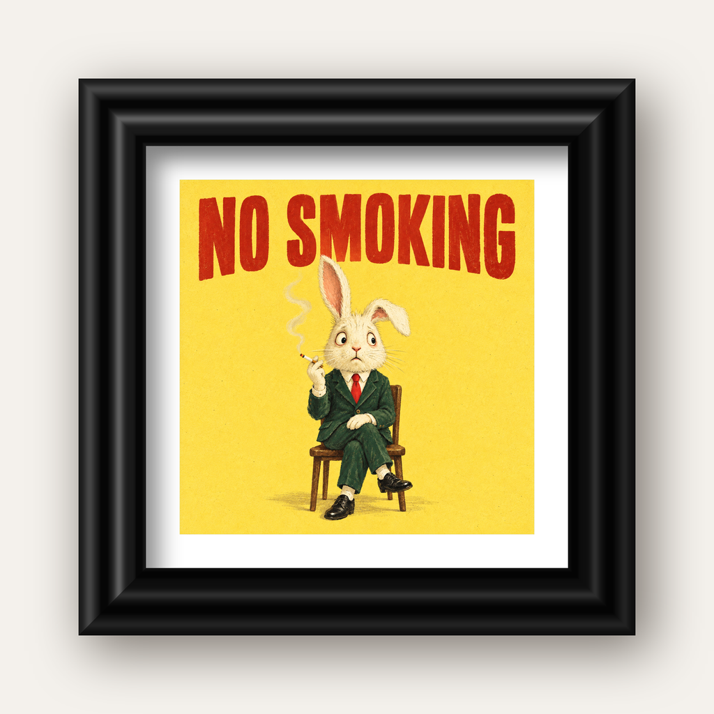 No Smoking: Mizahi Sigara İçen Tavşan Poster — siyah galeri çerçeveli paspartulu