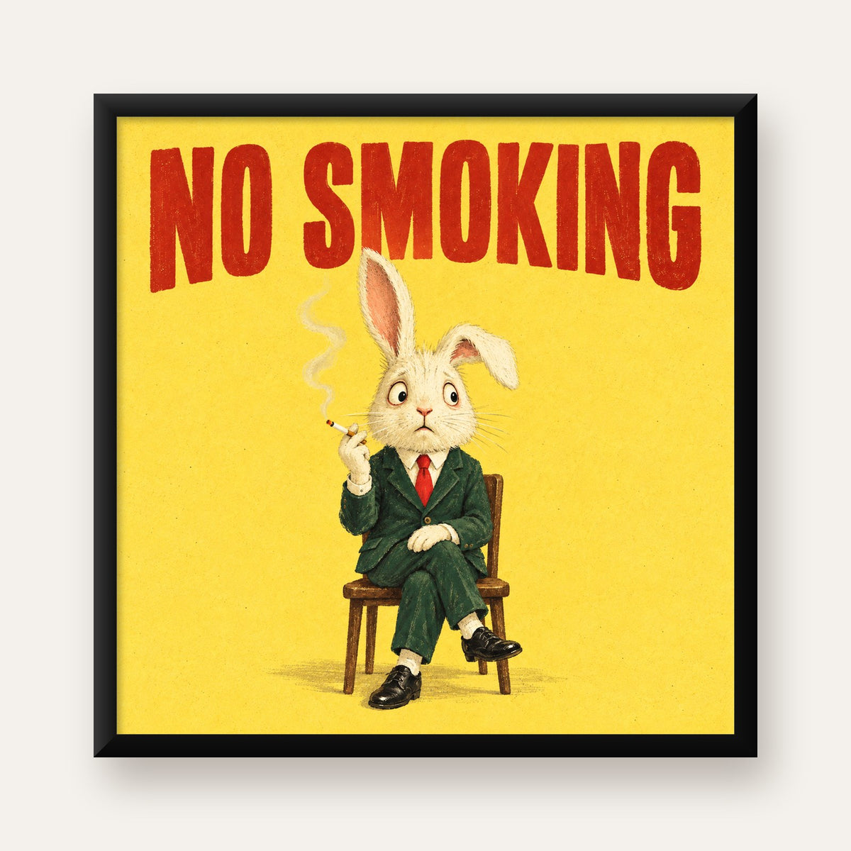 No Smoking: Mizahi Sigara İçen Tavşan Poster — Kare baskı, düz siyah çerçeveli duvar posteri