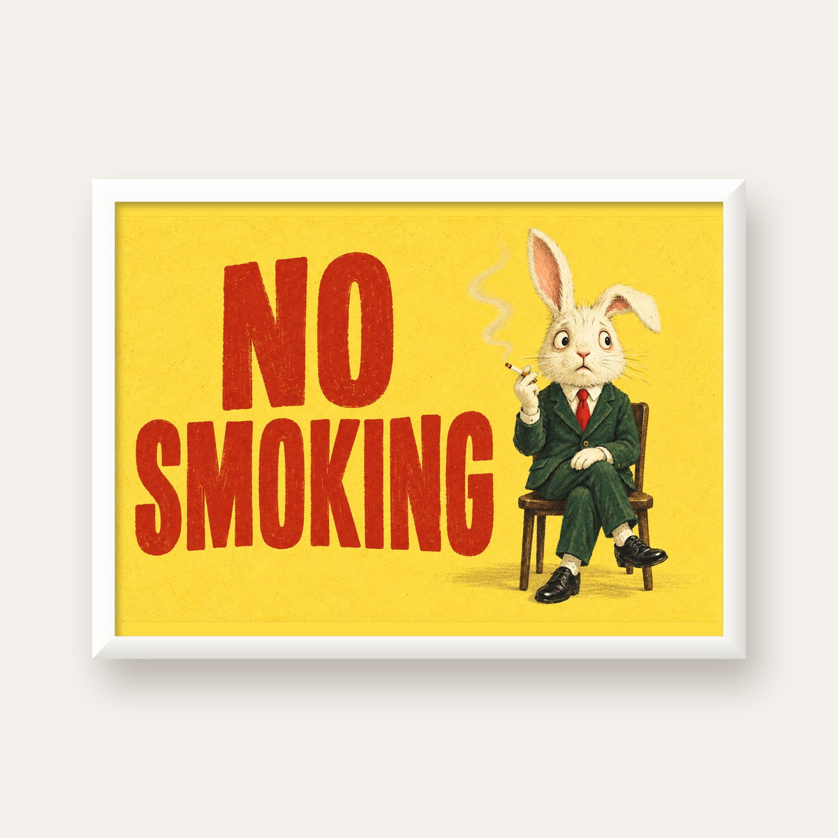 No Smoking: Mizahi Sigara İçen Tavşan Poster — beyaz çerçeveli yatay poster
