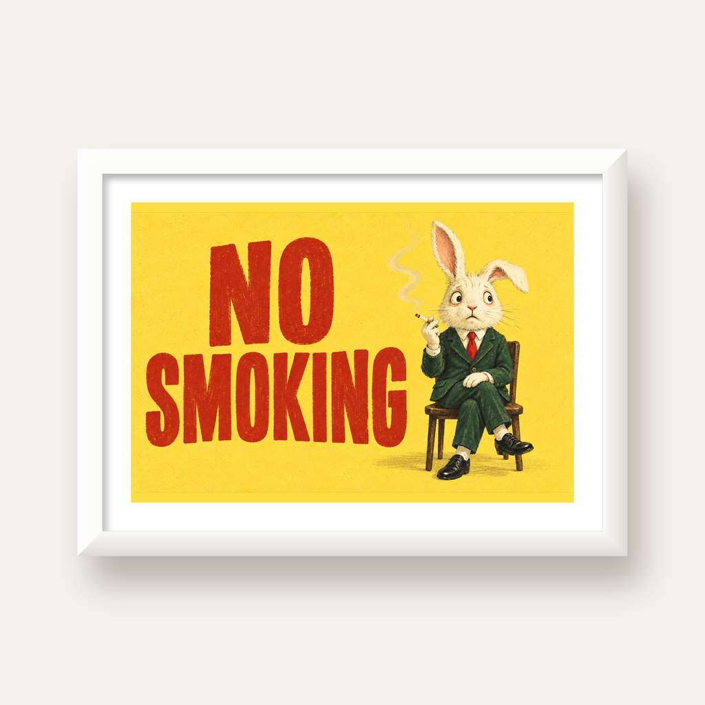 No Smoking: Mizahi Sigara İçen Tavşan Poster — beyaz çerçeveli yatay poster