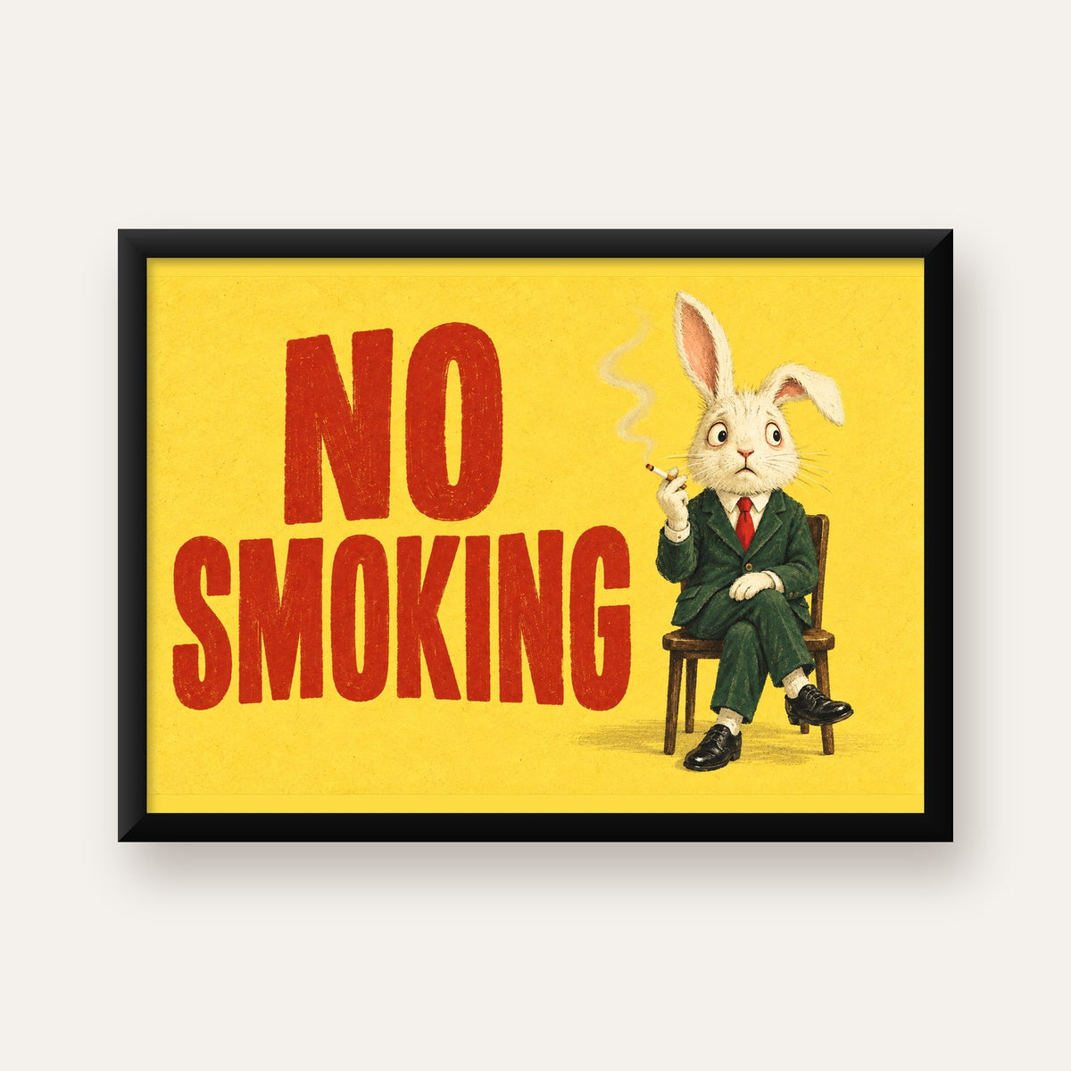 No Smoking: Mizahi Sigara İçen Tavşan Poster — Yatay baskı, düz siyah çerçeveli duvar posteri