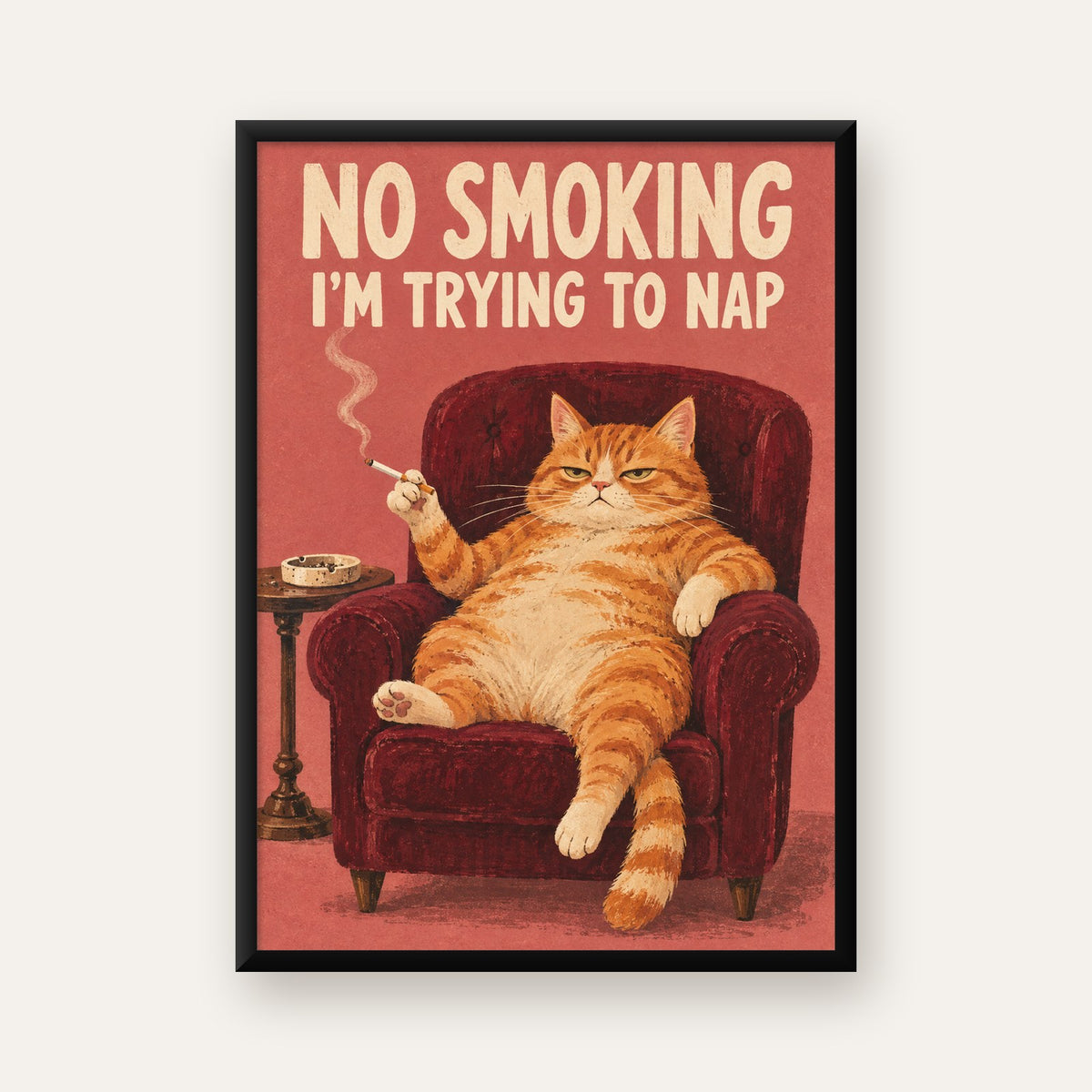 No Smoking Kedili Mizahi Poster – Tembel Kedi Sanat Baskısı — Dikey baskı, düz siyah çerçeveli duvar posteri