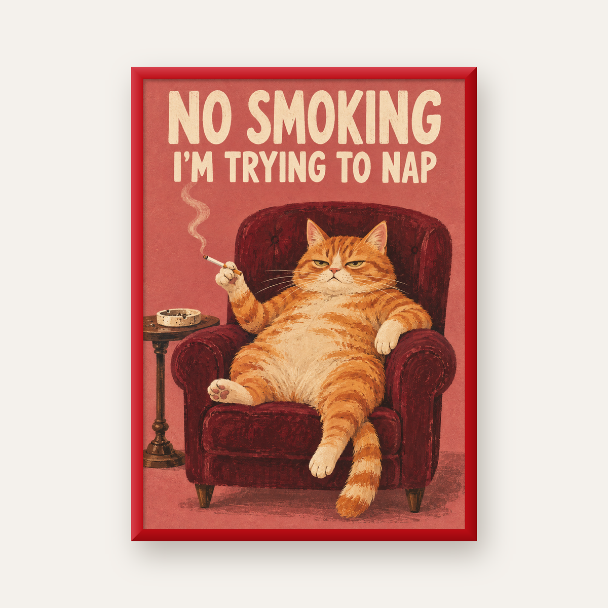 No Smoking Kedili Mizahi Poster – Tembel Kedi Sanat Baskısı — kırmızı çerçeveli