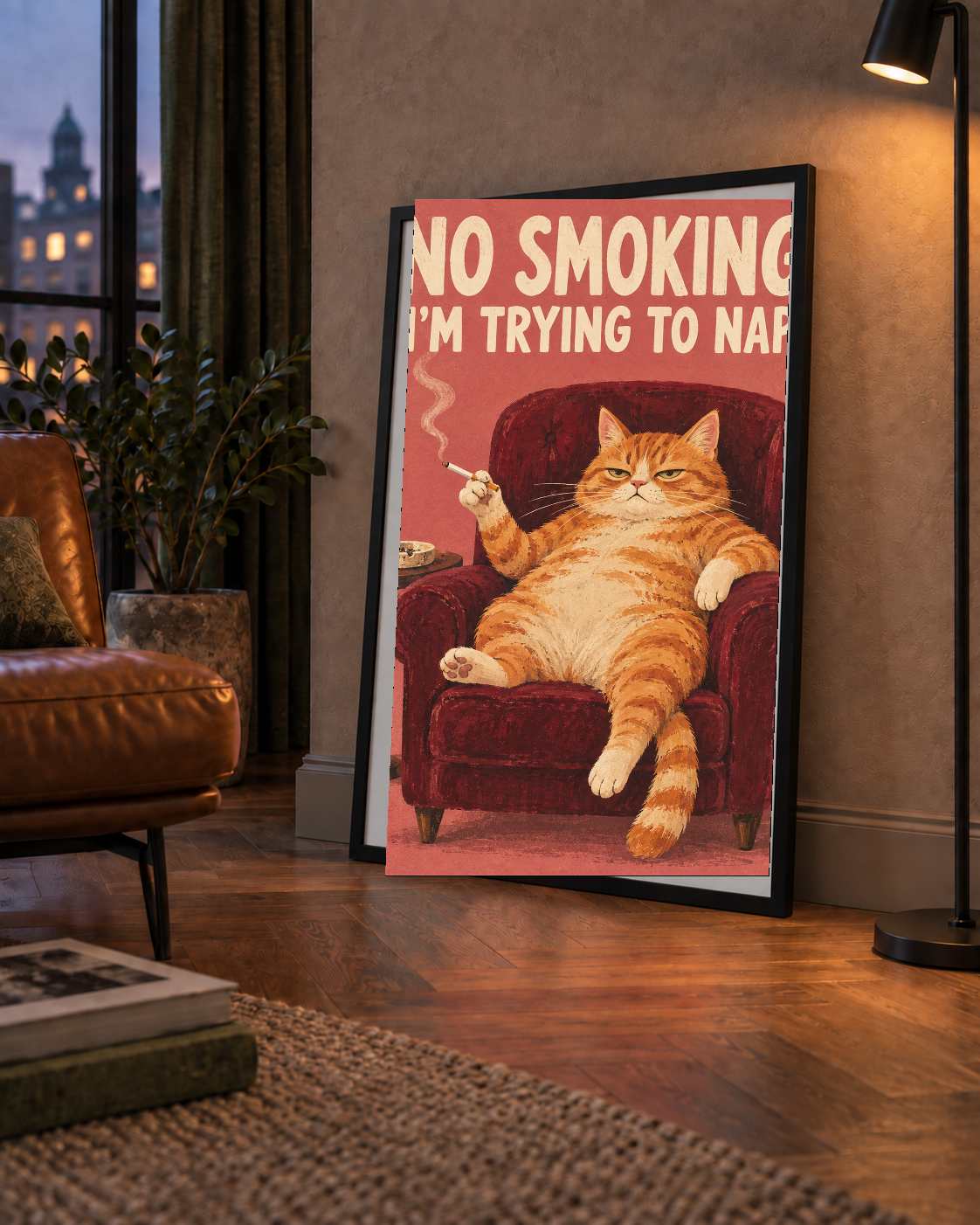 No Smoking Kedili Mizahi Poster – Tembel Kedi Sanat Baskısı