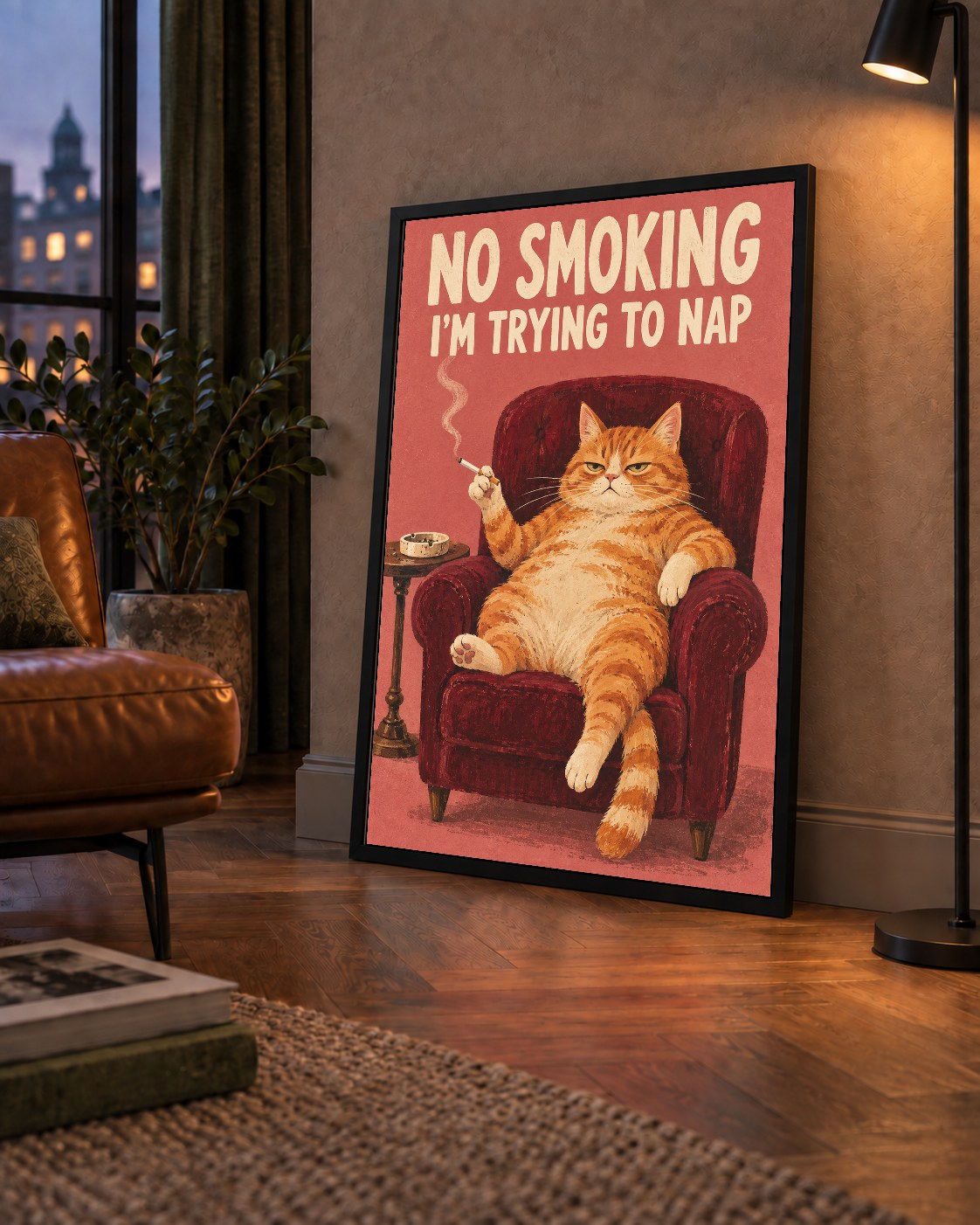 No Smoking Kedili Mizahi Poster – Tembel Kedi Sanat Baskısı