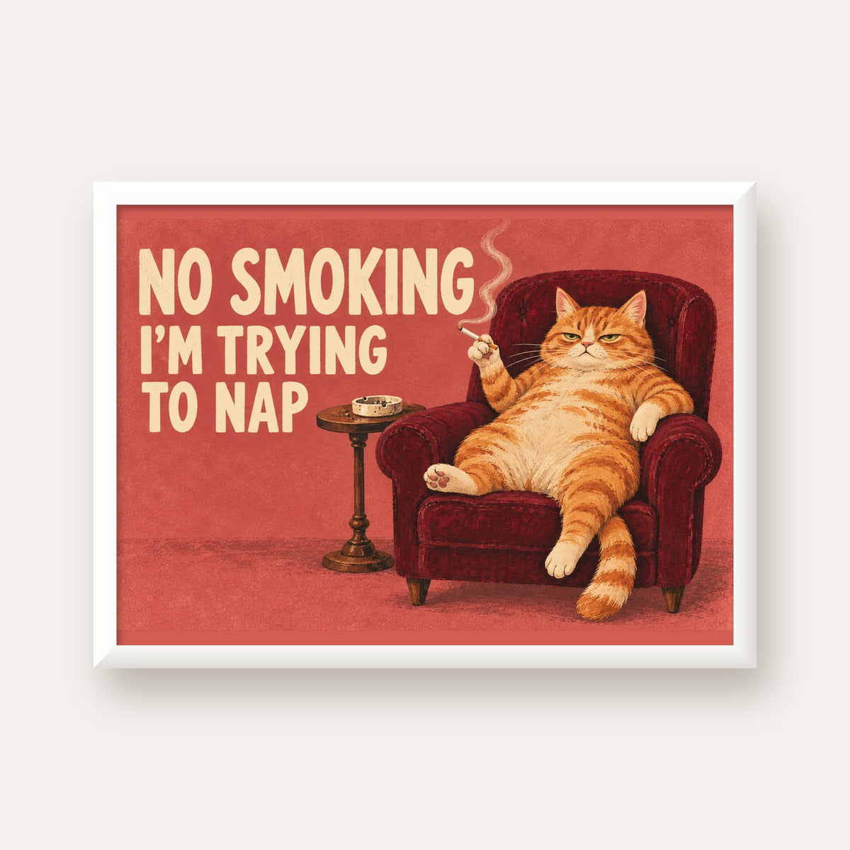 No Smoking Kedili Mizahi Poster – Tembel Kedi Sanat Baskısı — beyaz çerçeveli yatay poster