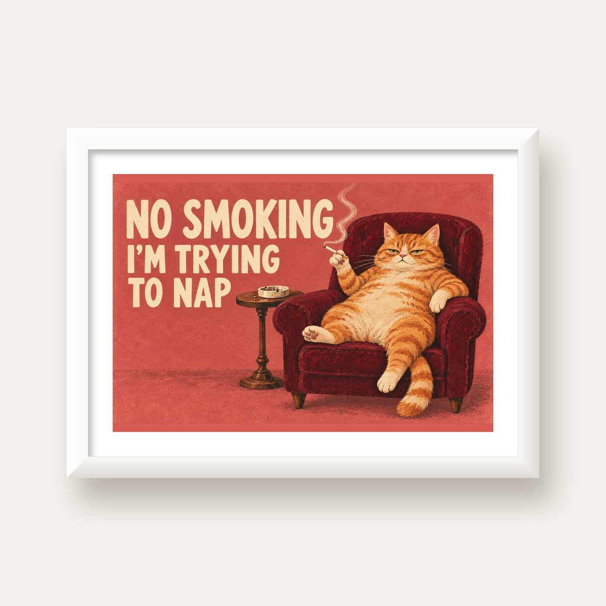 No Smoking Kedili Mizahi Poster – Tembel Kedi Sanat Baskısı — beyaz çerçeveli yatay poster