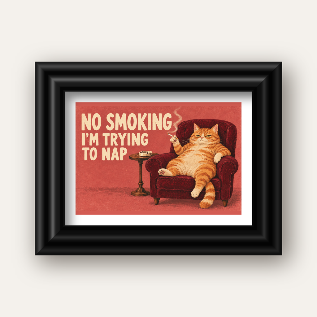 No Smoking Kedili Mizahi Poster – Tembel Kedi Sanat Baskısı — siyah galeri çerçeveli paspartulu