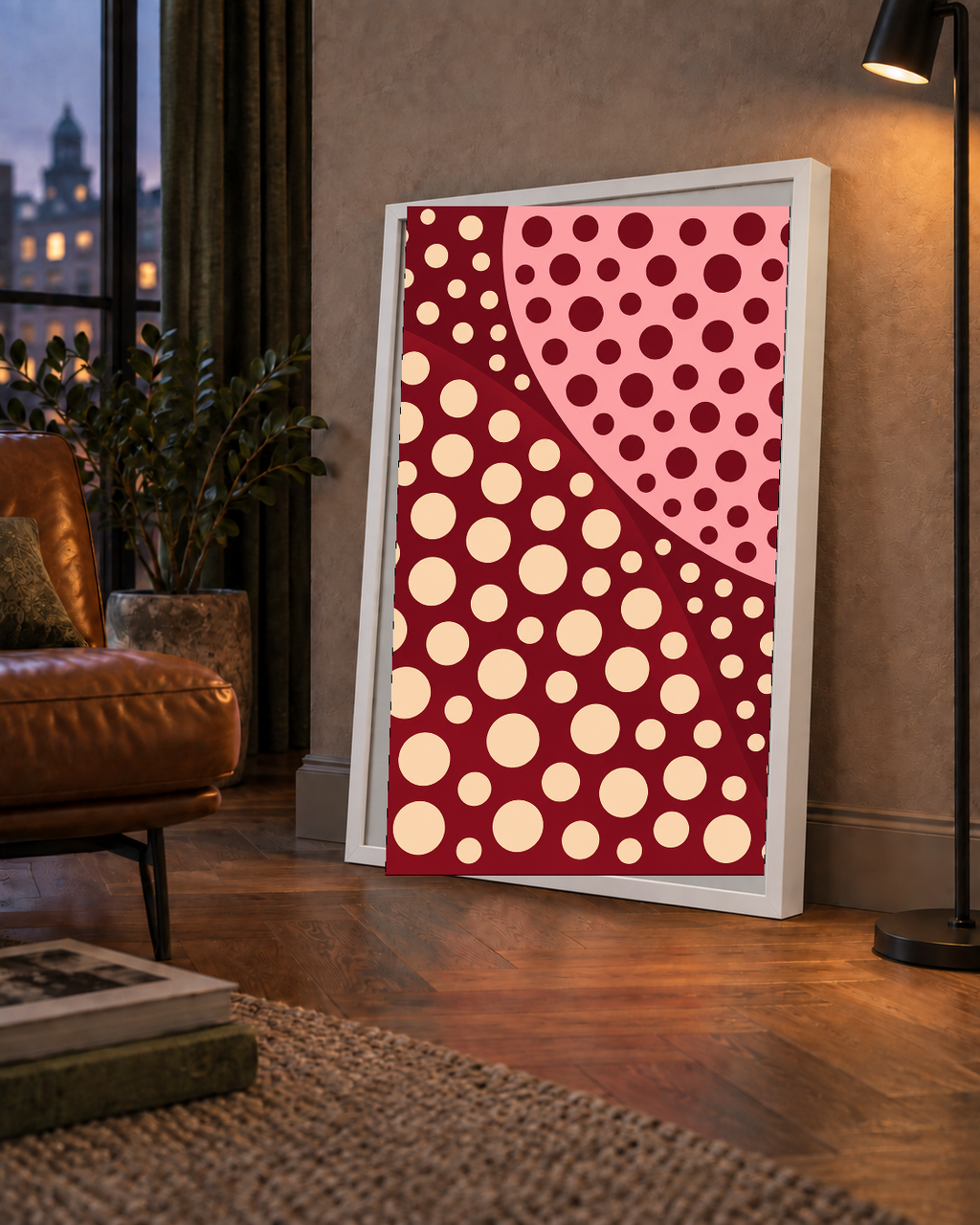 Retro Puantiyeli Soyut Desenli Dijital Poster – Bordo & Krem