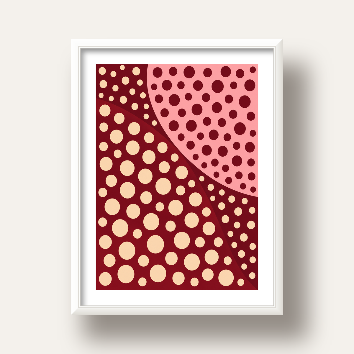 Retro Puantiyeli Soyut Desenli Dijital Poster – Bordo & Krem — beyaz derin çerçeveli paspartulu