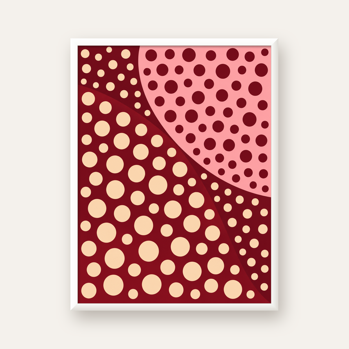 Retro Puantiyeli Soyut Desenli Dijital Poster – Bordo & Krem — beyaz çerçeveli dikey poster
