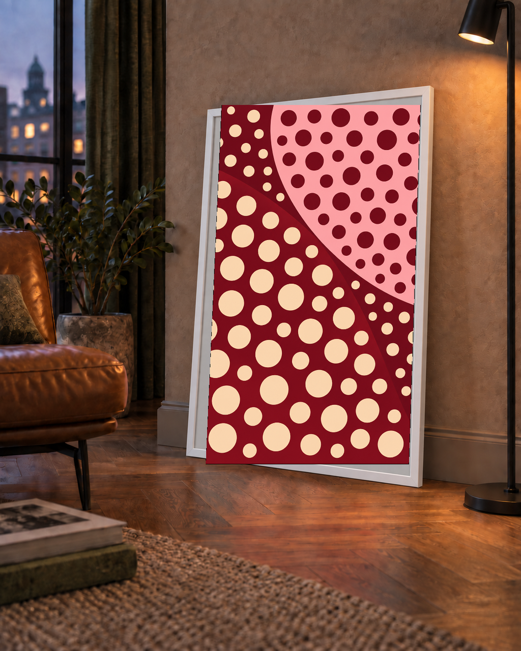 Retro Puantiyeli Soyut Desenli Dijital Poster – Bordo & Krem