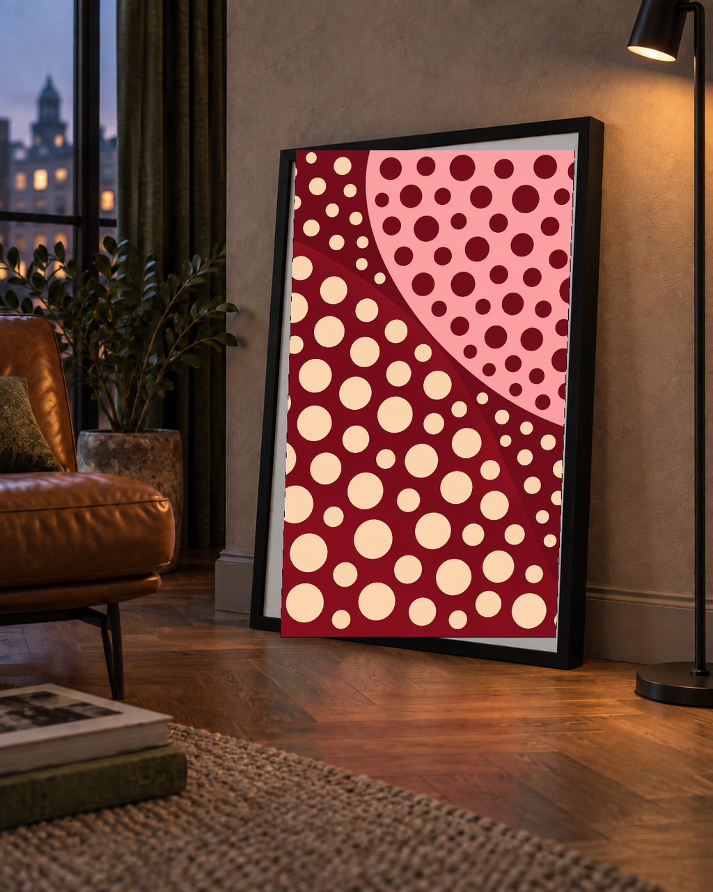 Retro Puantiyeli Soyut Desenli Dijital Poster – Bordo & Krem