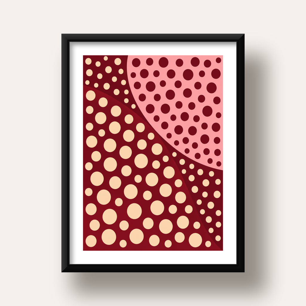 Retro Puantiyeli Soyut Desenli Dijital Poster – Bordo & Krem — siyah derin çerçeveli paspartulu