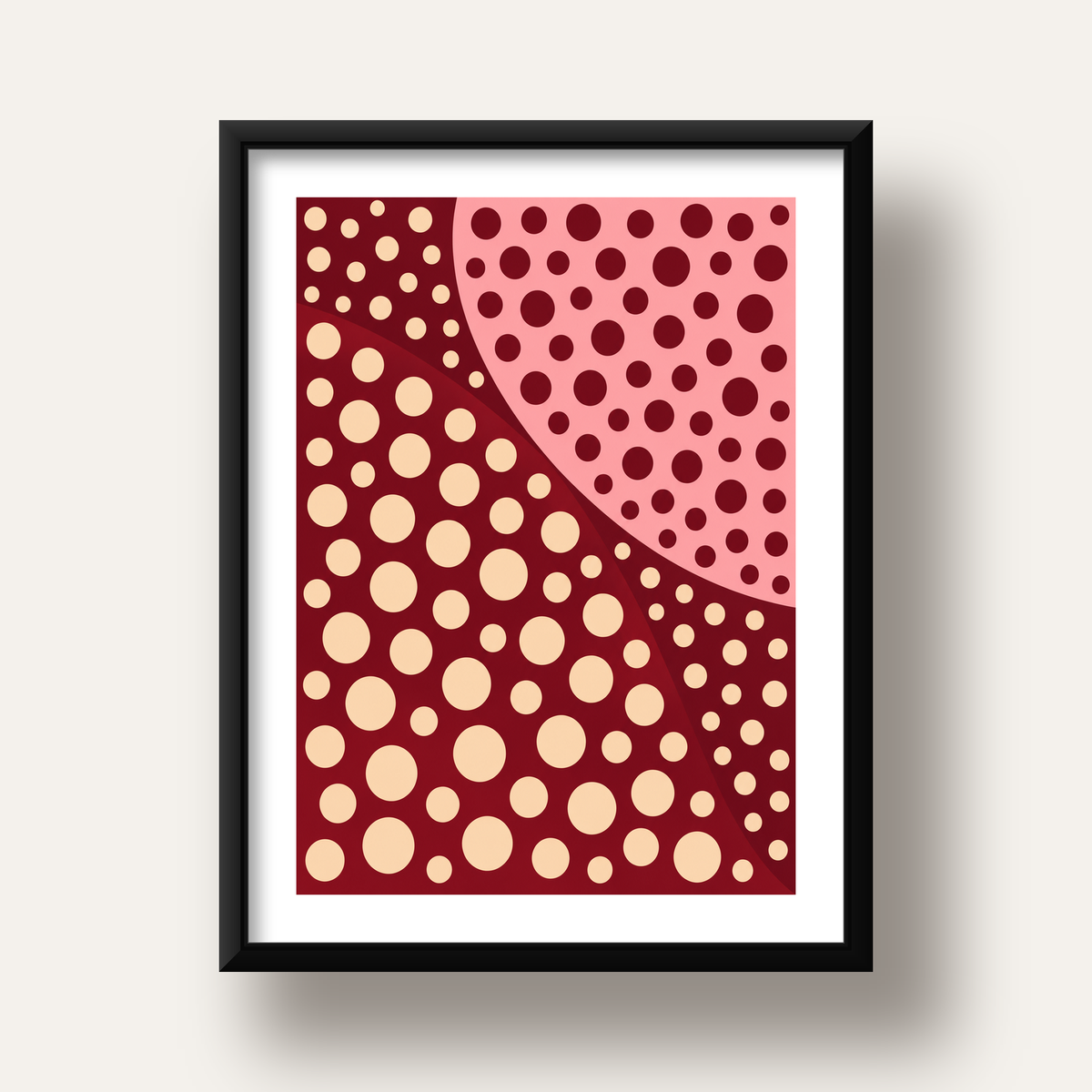 Retro Puantiyeli Soyut Desenli Dijital Poster – Bordo & Krem — siyah derin çerçeveli paspartulu