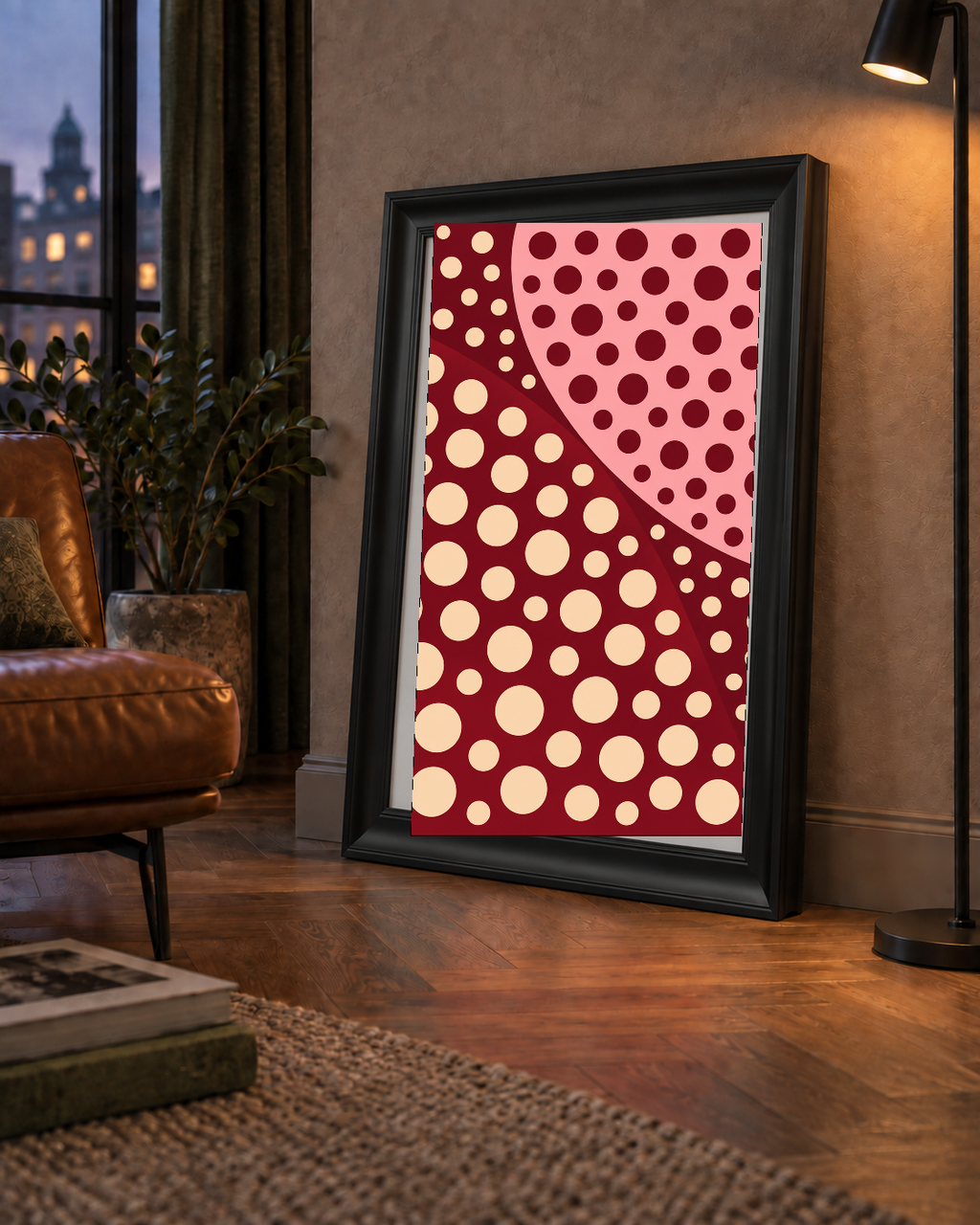 Retro Puantiyeli Soyut Desenli Dijital Poster – Bordo & Krem