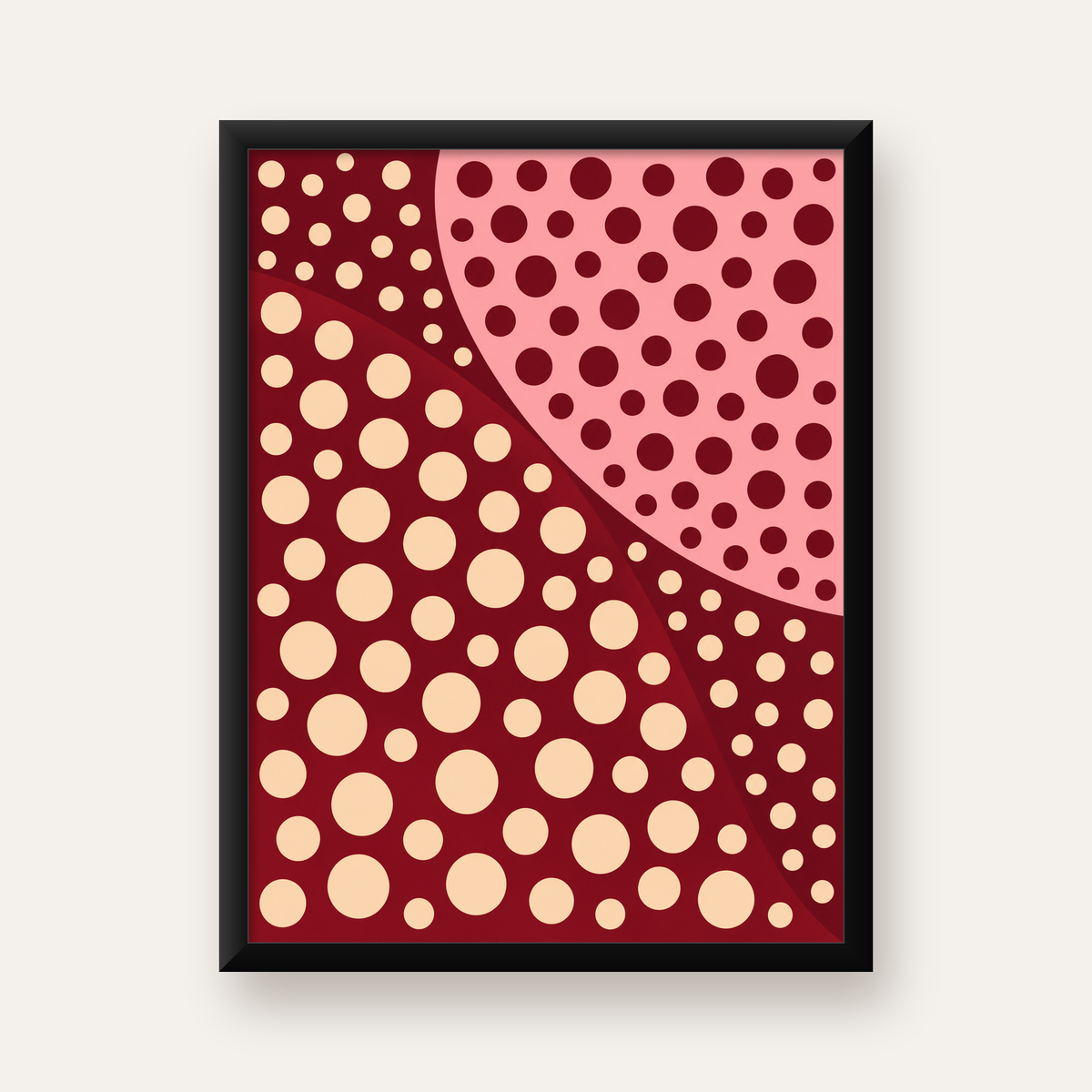 Retro Puantiyeli Soyut Desenli Dijital Poster – Bordo & Krem — Dikey baskı, düz siyah çerçeveli duvar posteri