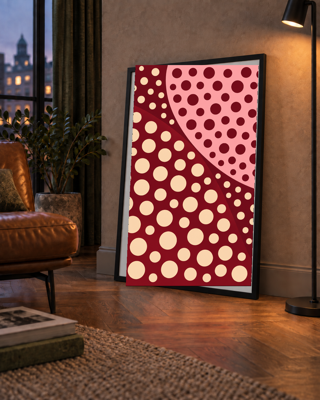Retro Puantiyeli Soyut Desenli Dijital Poster – Bordo & Krem