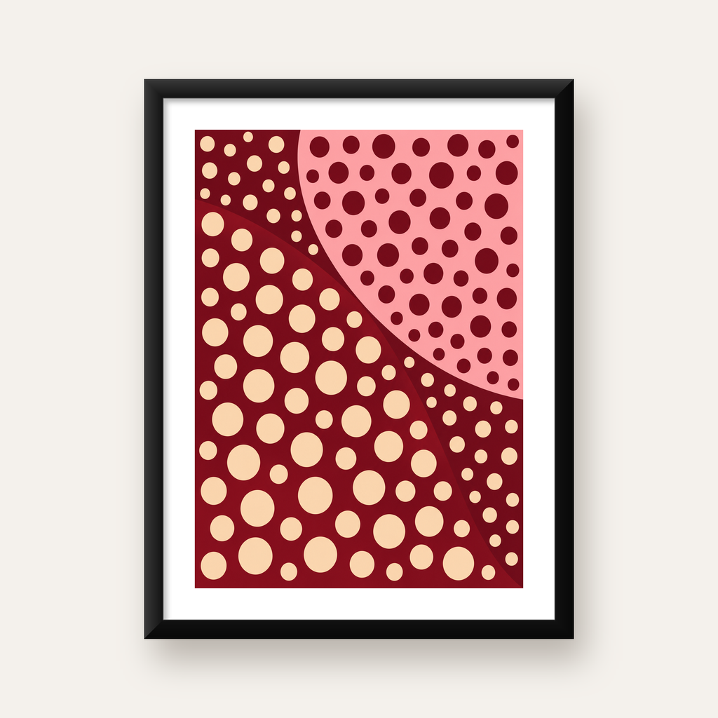 Retro Puantiyeli Soyut Desenli Dijital Poster – Bordo & Krem — Dikey baskı, beyaz paspartulu