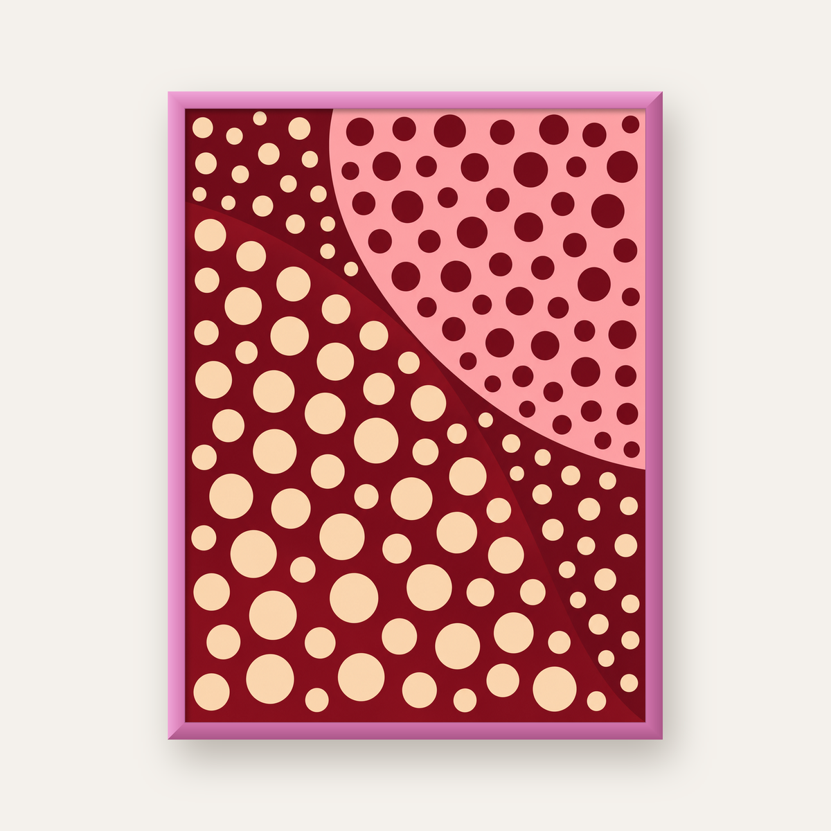 Retro Puantiyeli Soyut Desenli Dijital Poster – Bordo & Krem — pembe çerçeveli
