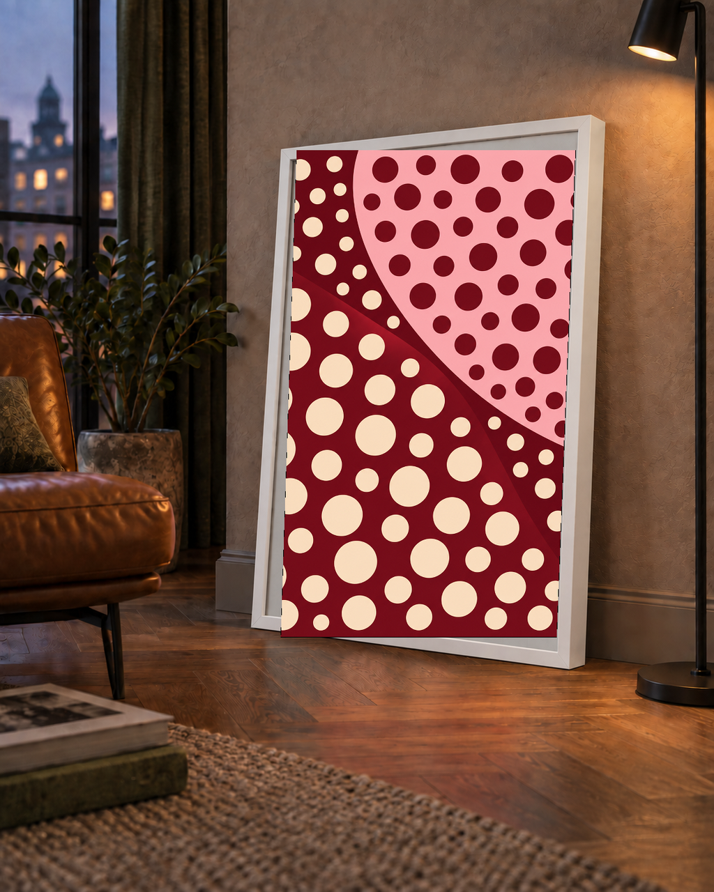 Retro Puantiyeli Soyut Desenli Dijital Poster – Bordo & Krem