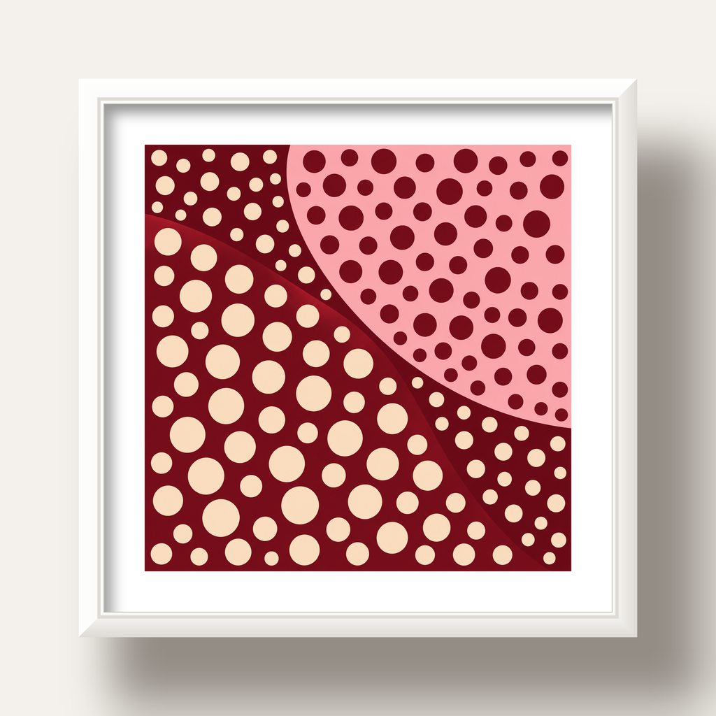 Retro Puantiyeli Soyut Desenli Dijital Poster – Bordo & Krem — beyaz derin çerçeveli paspartulu