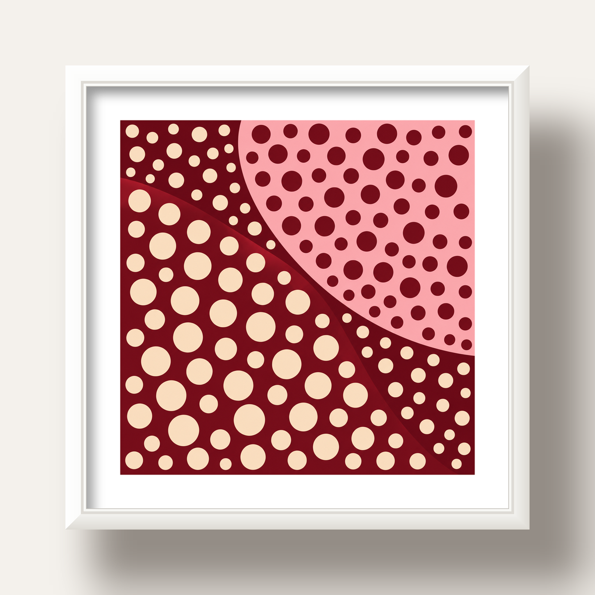 Retro Puantiyeli Soyut Desenli Dijital Poster – Bordo & Krem — beyaz derin çerçeveli paspartulu