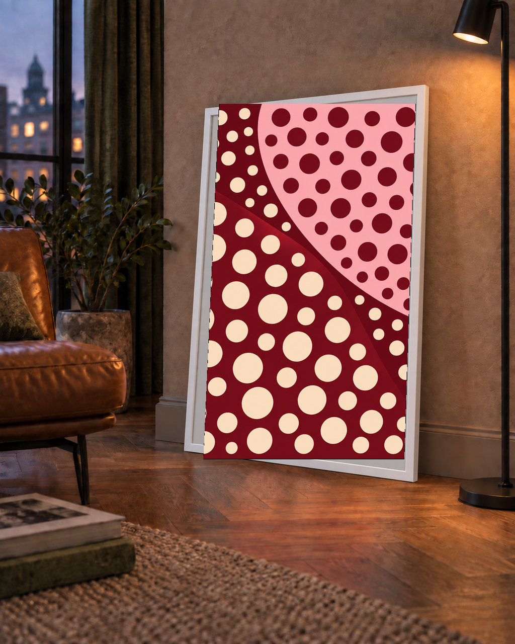 Retro Puantiyeli Soyut Desenli Dijital Poster – Bordo & Krem