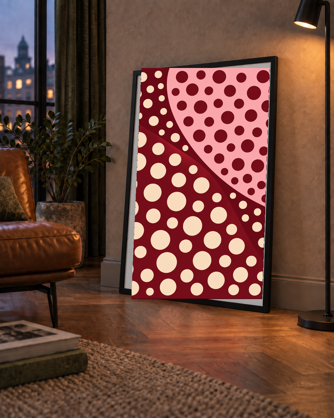 Retro Puantiyeli Soyut Desenli Dijital Poster – Bordo & Krem