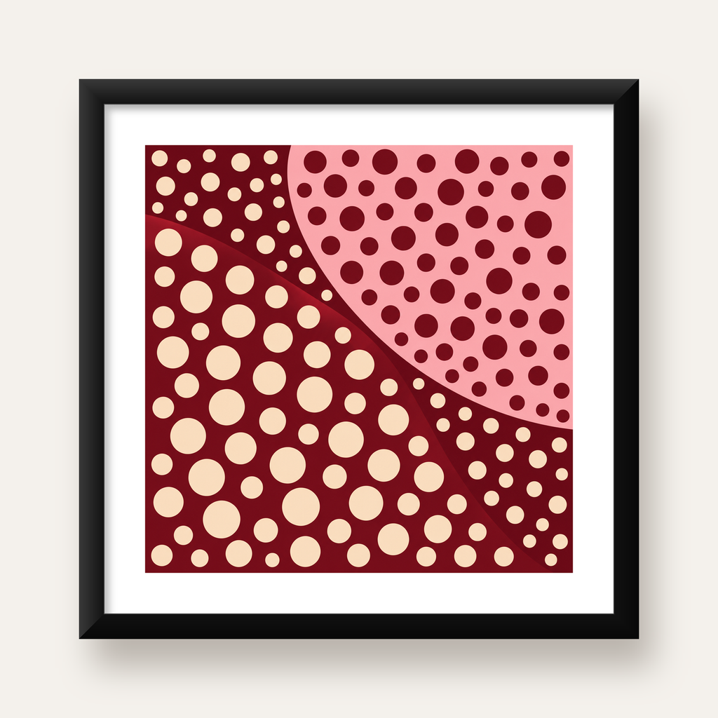 Retro Puantiyeli Soyut Desenli Dijital Poster – Bordo & Krem — Kare baskı, beyaz paspartulu