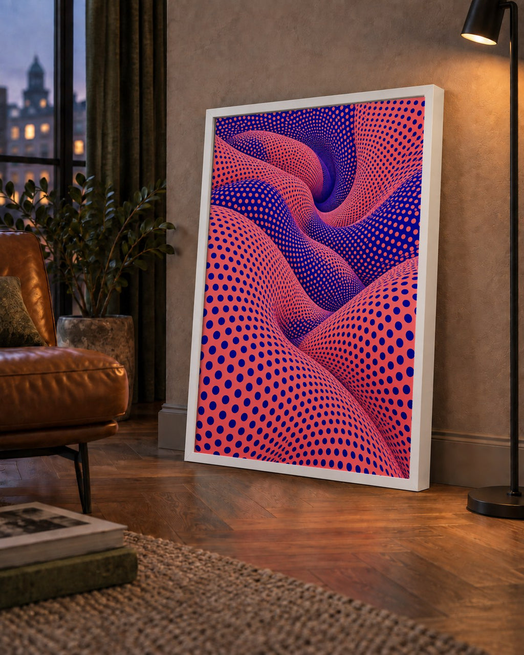 Optik İllüzyon Dalgalı Nokta Desenli Modern Poster — çerçeveli hâliyle bir ev duvarında