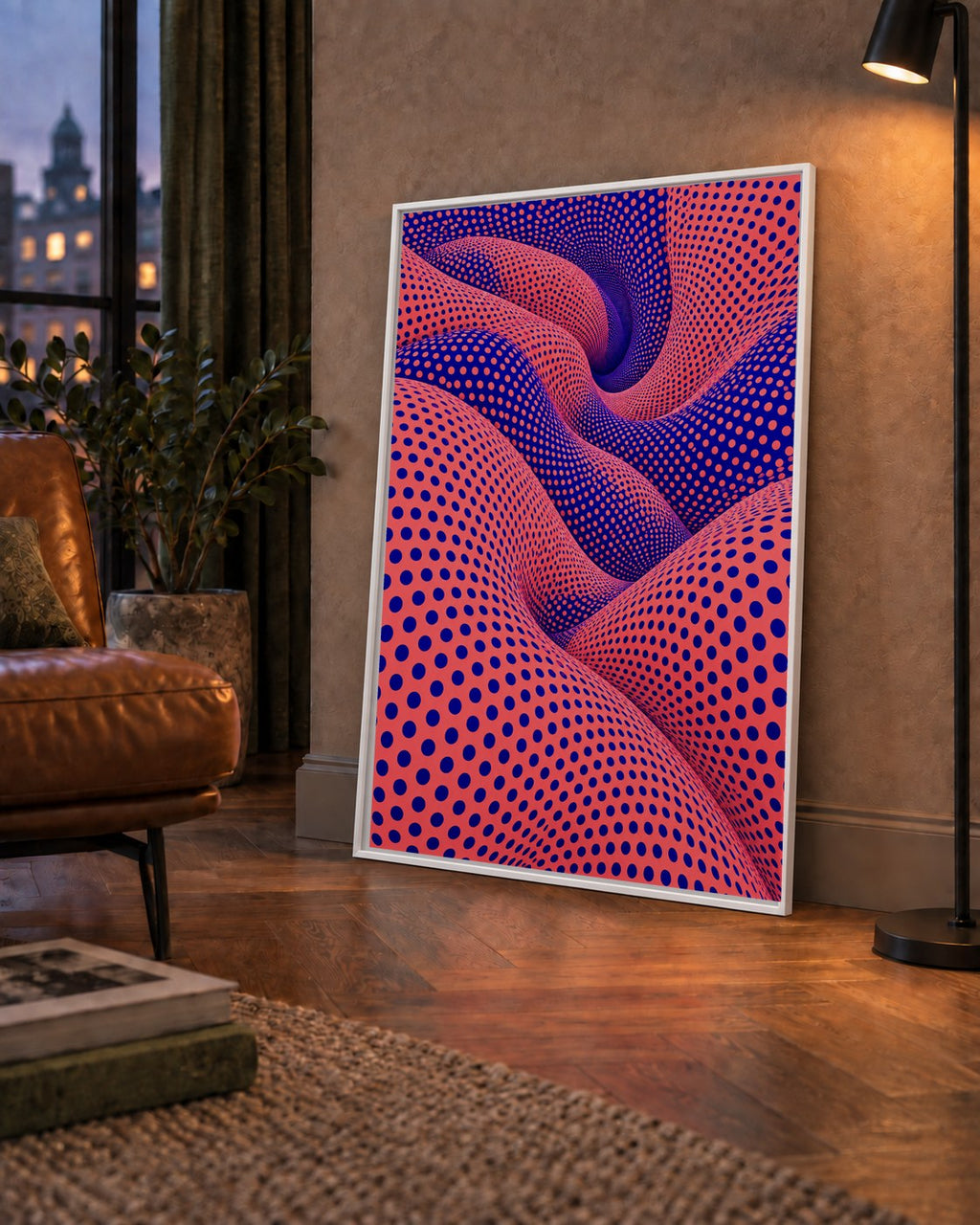Optik İllüzyon Dalgalı Nokta Desenli Modern Poster — çerçeveli hâliyle bir ev duvarında