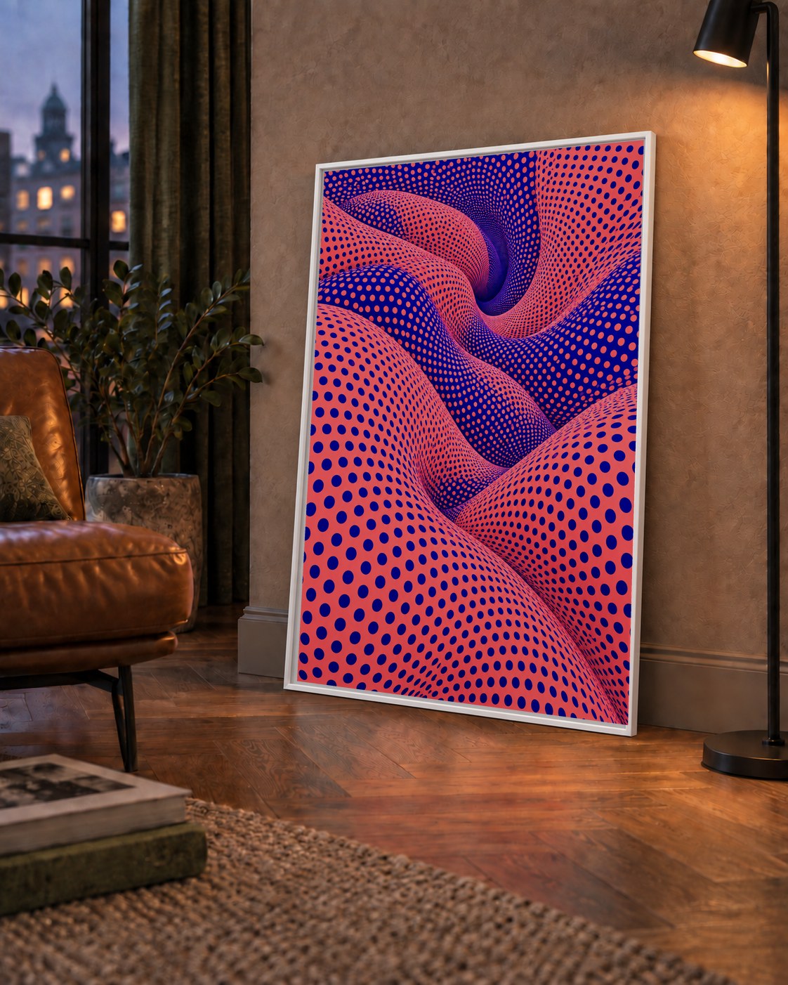 Optik İllüzyon Dalgalı Nokta Desenli Modern Poster — çerçeveli hâliyle bir ev duvarında