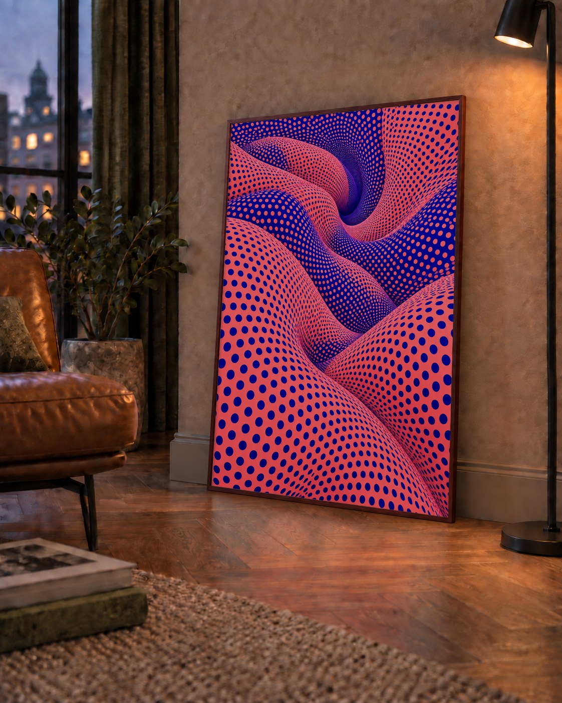 Optik İllüzyon Dalgalı Nokta Desenli Modern Poster — çerçeveli hâliyle bir ev duvarında