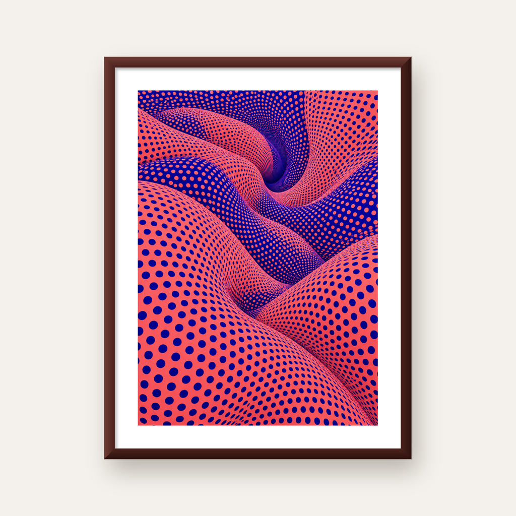 Optik İllüzyon Dalgalı Nokta Desenli Modern Poster — ceviz çerçeveli paspartulu