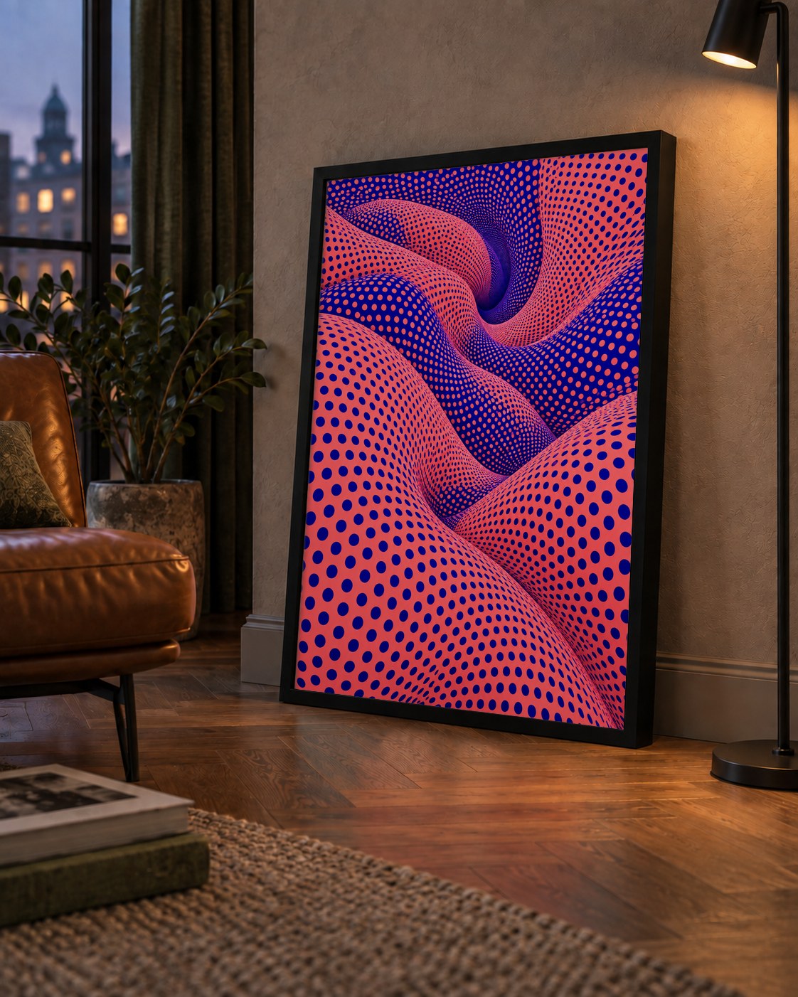 Optik İllüzyon Dalgalı Nokta Desenli Modern Poster — çerçeveli hâliyle bir ev duvarında