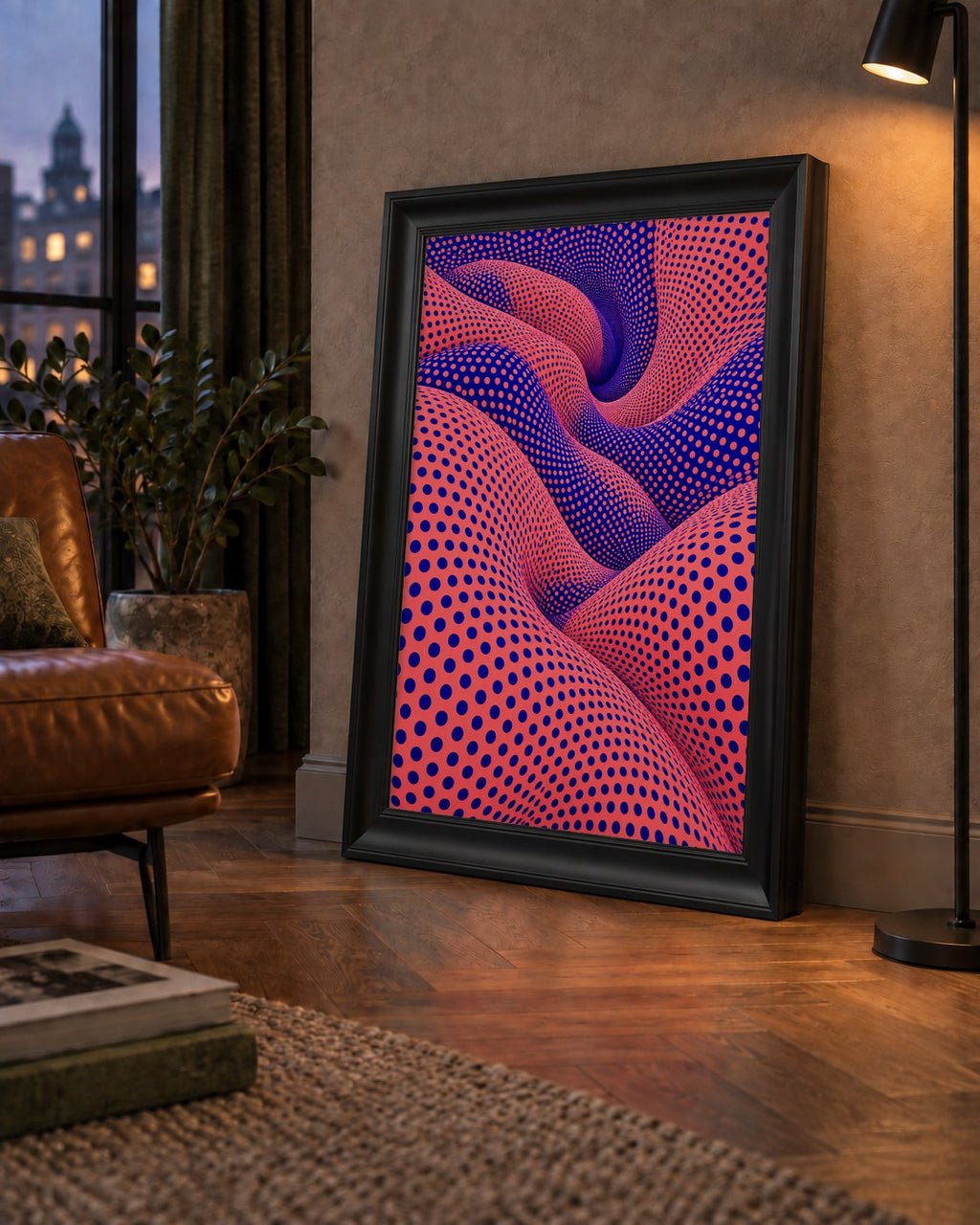 Optik İllüzyon Dalgalı Nokta Desenli Modern Poster — çerçeveli hâliyle bir ev duvarında