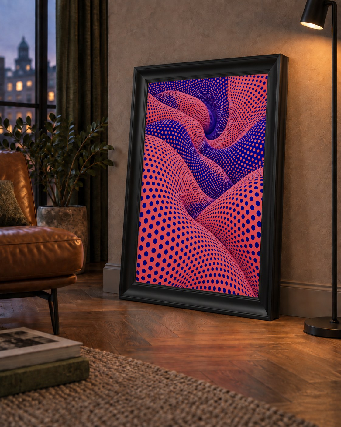 Optik İllüzyon Dalgalı Nokta Desenli Modern Poster — çerçeveli hâliyle bir ev duvarında