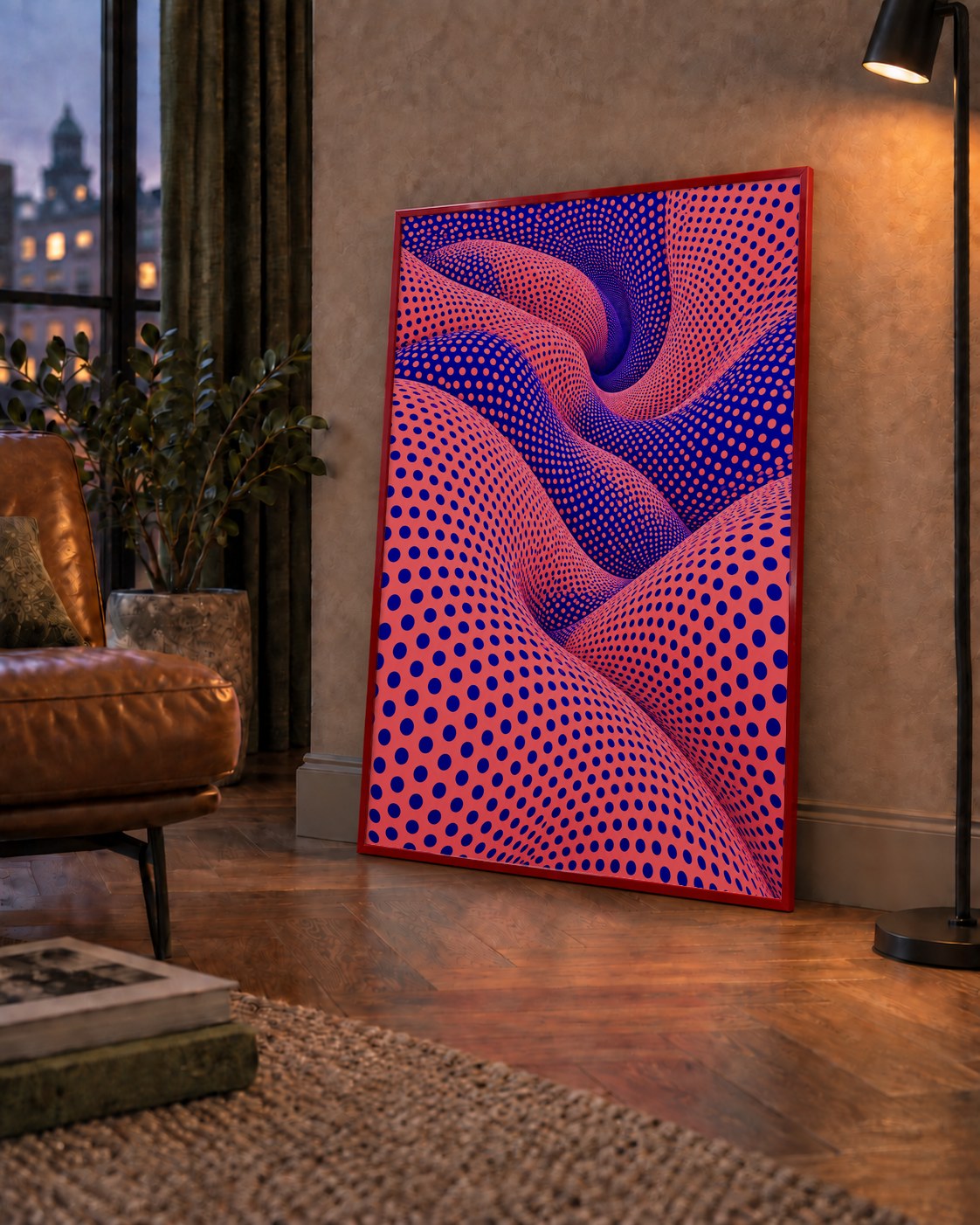 Optik İllüzyon Dalgalı Nokta Desenli Modern Poster — çerçeveli hâliyle bir ev duvarında