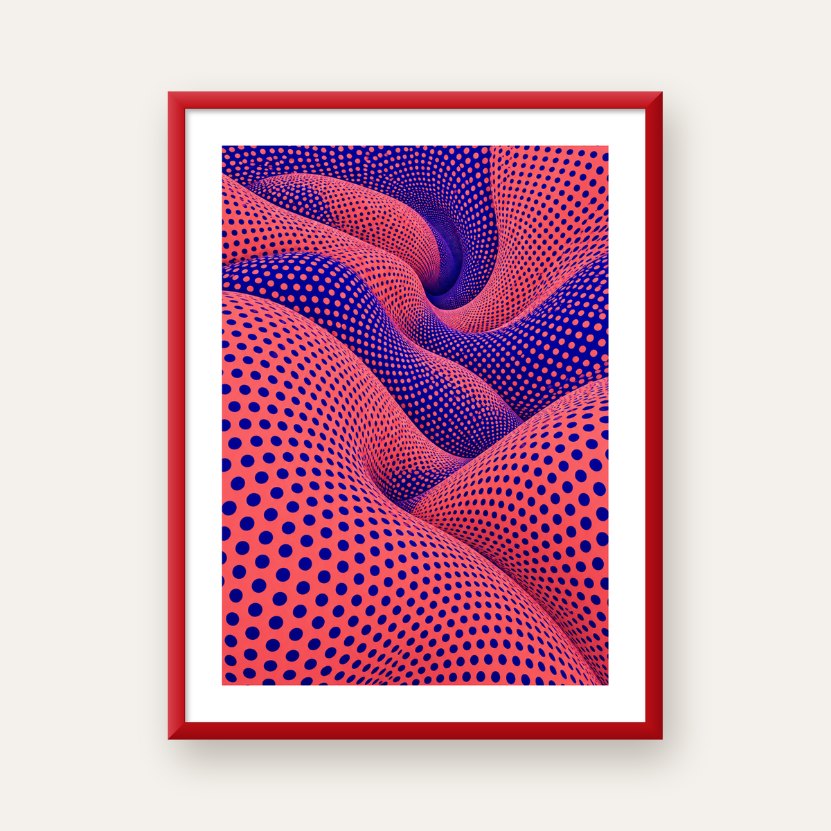 Optik İllüzyon Dalgalı Nokta Desenli Modern Poster — kırmızı çerçeveli paspartulu